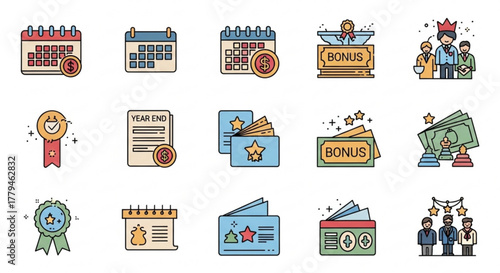Collection of colorful icons representing calendar, bonus, year end, reward, and loyalty program, , for business and finance
