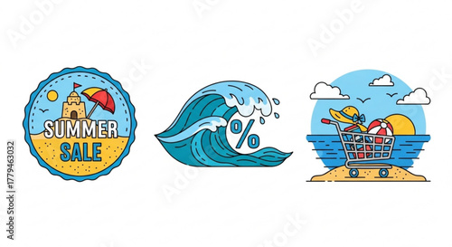 Set of summer sale icons sand castle, wave, shopping cart