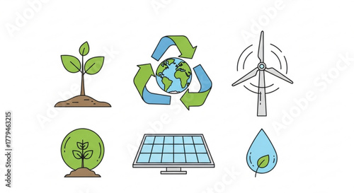 Illustration of renewable energy sources and environmental conservation icons depicts solar panel, wind turbine, recycling symbol, and plant