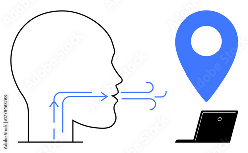 Human head outline with blue airflow lines symbolizes voice, linked to a laptop and location marker. Ideal for voice technology, navigation, digital communication, speech recognition, geolocation