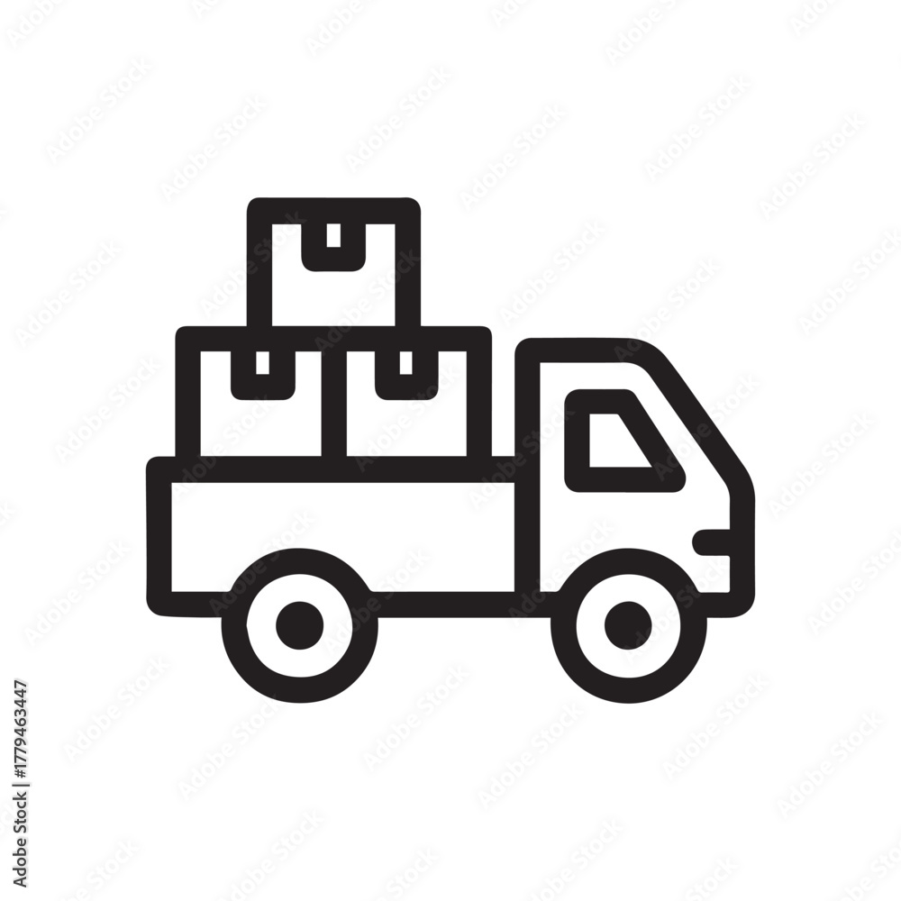 Fototapeta premium A minimalist black logistics truck icon on a white background, showing a delivery truck carrying several stacked boxes.
