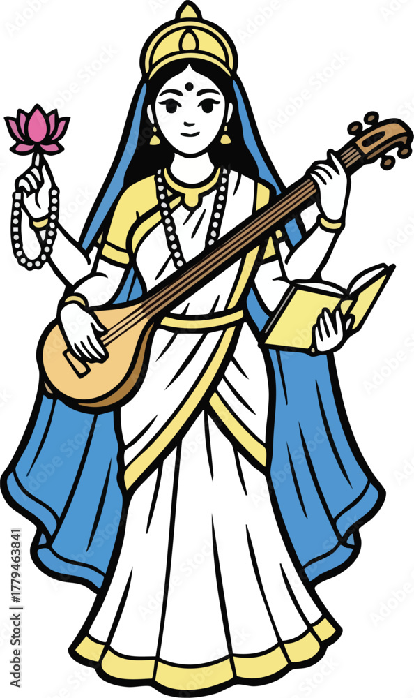 Obraz premium Indian goddess Saraswathi sitting on lotus and playing musical instrument veena