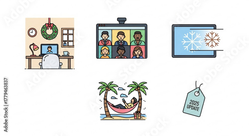 Illustration of a person working from home, attending a virtual meeting, and relaxing on a beach during the holidays