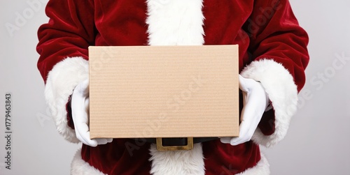 a santa claus holding a box with a card