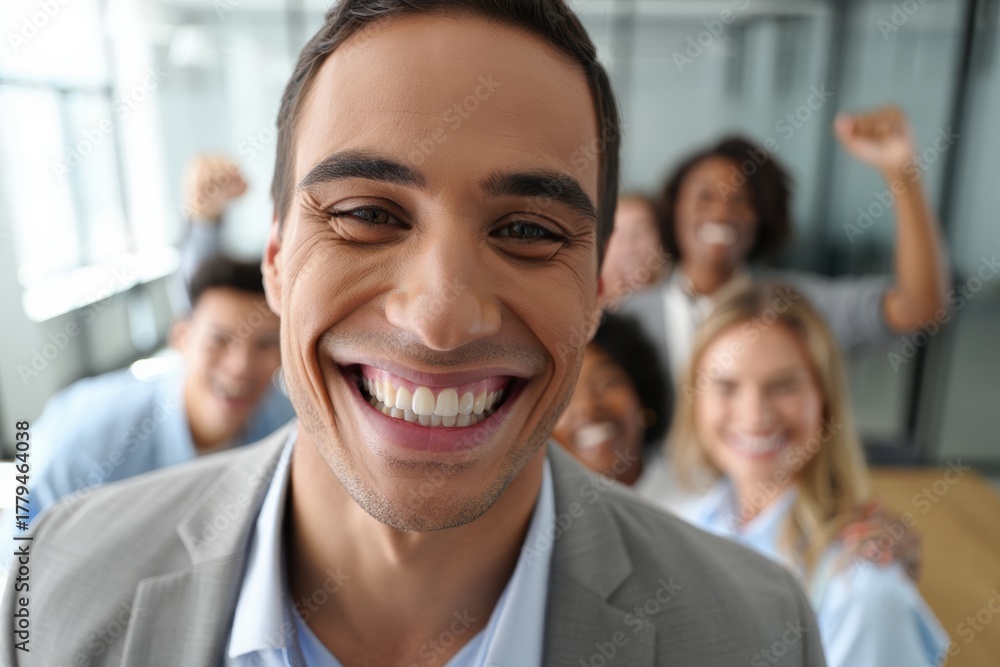 Fototapeta premium Happy man smiling confidently in a group of cheerful colleagues celebrating success