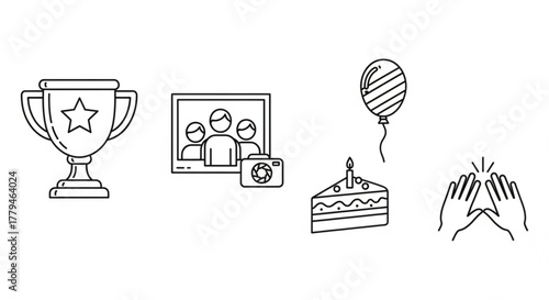 Celebration icons set trophy, photo, balloon, cake, and clapping hands icons for party, birthday, achievement, and special occasions