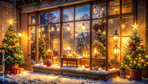 Wallpaper Mural Snowy Christmas shop window with festive lights, ornaments, and holiday decor Torontodigital.ca