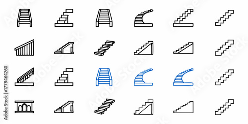 Illustration showing a variety of staircases and steps designs in black and blue outline style design
