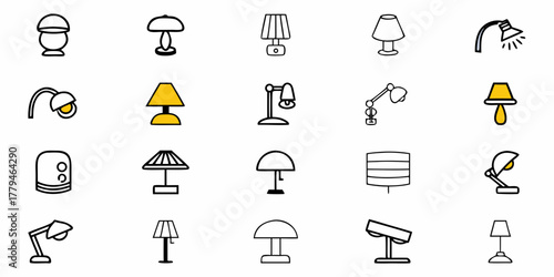 Collection of various lamps including table lamps desk lamps and bedside lamps in a simple line art style