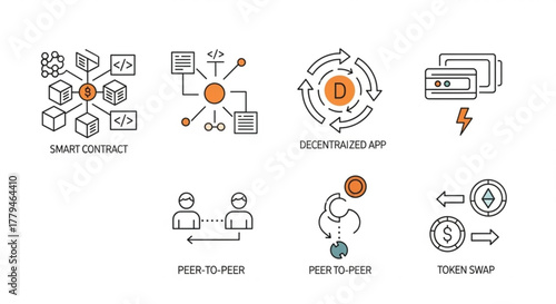 Blockchain technology and cryptocurrency icons representing smart contracts, decentralized apps, peertopeer transactions, and token swaps
