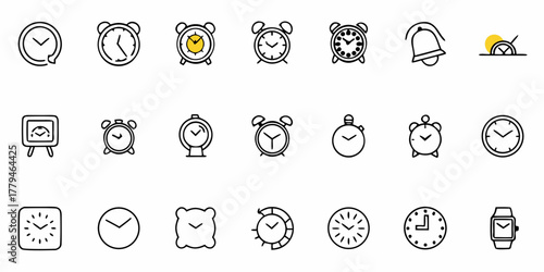 Collection of clock icons showing various types of timepieces in a simple outline style design