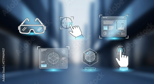 Futuristic augmented reality interface elements showcasing virtual reality glasses, touch interaction, and holographic projections on a blurred blue background
