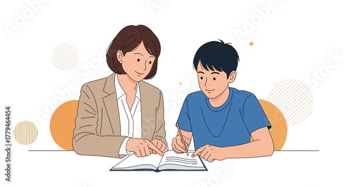Woman Guides Young Student in Studying with a Textbook During a Lesson Illustration
