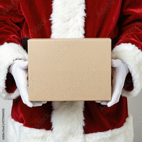 a santa claus holding a box with a brown box