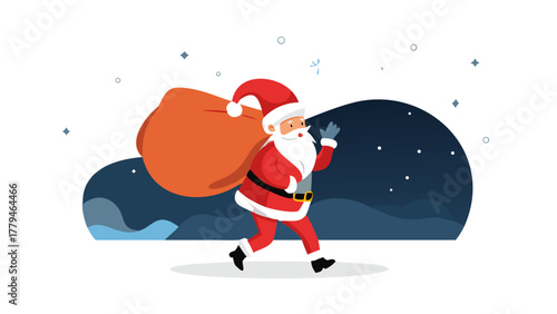 Santa walking through snow with a big sack of presents on his back, starry sky above, symbol of joy and giving