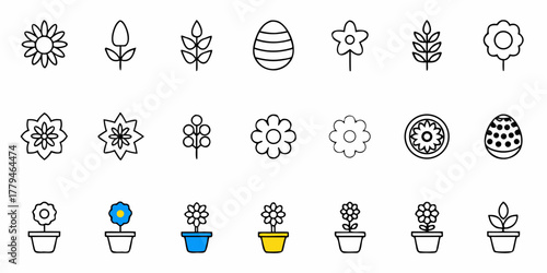 Collection of easter eggs, flowers, and potted plants in a simple line art style on a white background