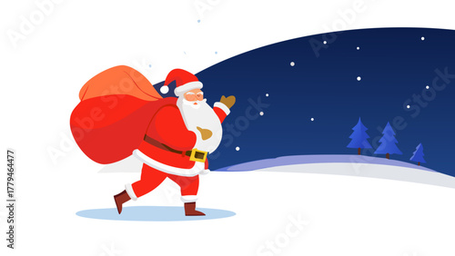 Santa walking through snow with a big sack of presents on his back, starry sky above, symbol of joy and giving