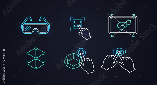 Neon augmented reality interface elements featuring virtual reality glasses, touch interaction, and holographic projections on a dark background