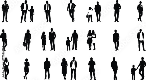 Business people silhouettes collection, men women and children, standing walking poses, professional attire, suits and casual, vector icon set, isolated