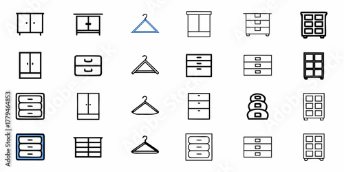 Illustration showing various furniture items including wardrobes drawers and coat hangers in a grid format