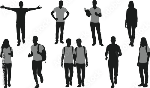 Diverse people silhouettes, students and young adults in various poses, walking, running, standing, with backpacks and books.
