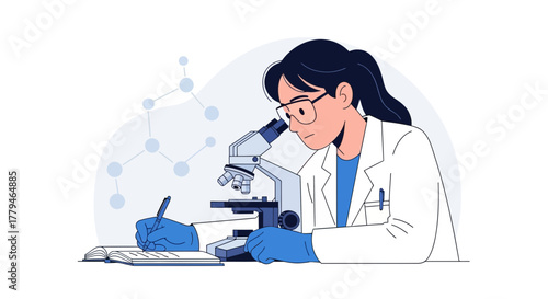 Scientist Performs Research With Microscope Writing Notes For Scientific Process