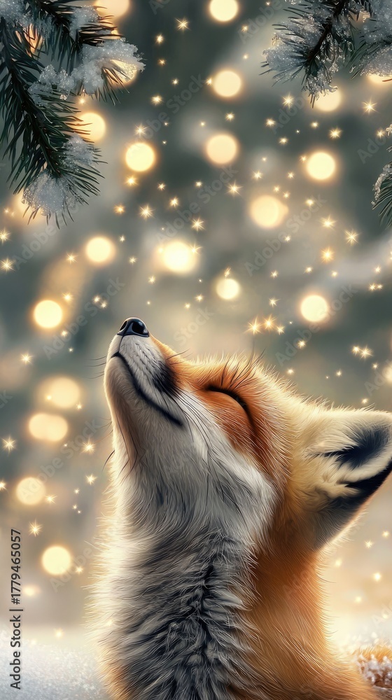 Naklejka premium Fox enjoying a peaceful moment under twinkling lights in a winter wonderland during snowfall