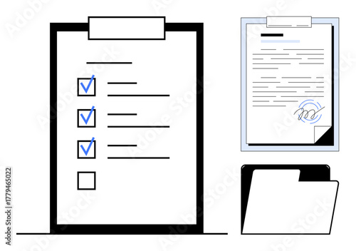 Checklist with marked tasks, signed document representing agreements, and folder for storage. Ideal for task management, productivity, workflow, organization, documentation, agreements simple flat