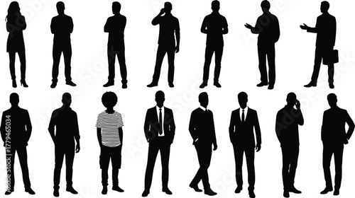 Silhouette set of business and casual people, men and women standing, walking, calling, office poses, vector icons, black isolated figures​