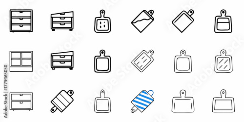Illustration of various furniture and kitchen utensils including cabinets cutting boards and rolling pins