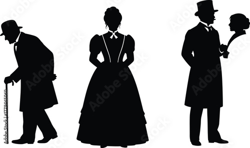 Victorian silhouettes of gentleman and lady, retro fashion figures, top hat, cane, cameo profile, classic vintage style, black vector