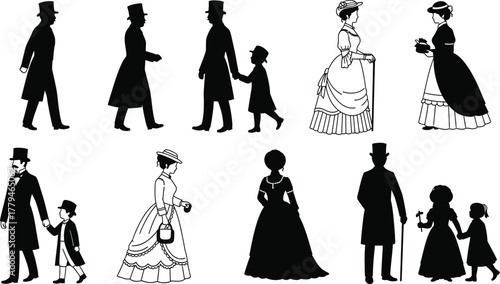 Victorian silhouettes of gentlemen, ladies, and children, walking and posing, retro fashion costumes with hats and canes, elegant vintage vector collection