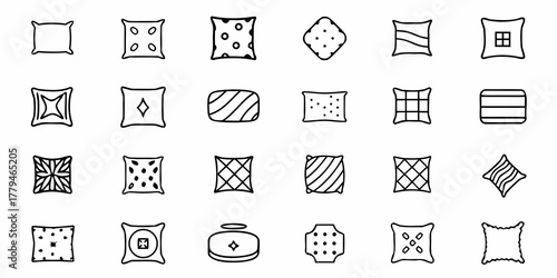 Illustration showing a variety of decorative pillows with different shapes and patterns in black line art