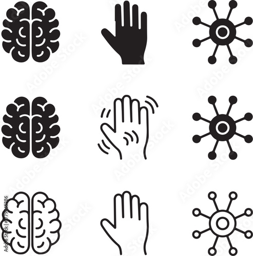 Nine minimalist icons representing Parkinson's disease symptoms and support awareness medical