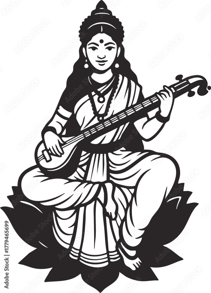 Fototapeta premium Indian goddess Saraswathi sitting on lotus and playing musical instrument veena