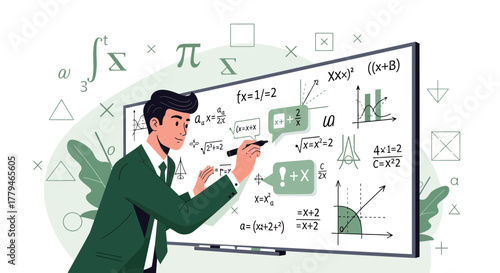Smart Young Man Teaching Mathematics Equations And Illustrating Complex Formulas