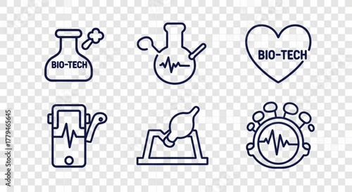 Collection of biotechnology icons showing flask, heart, and other symbols related to biotech, perfect for science and technology projects