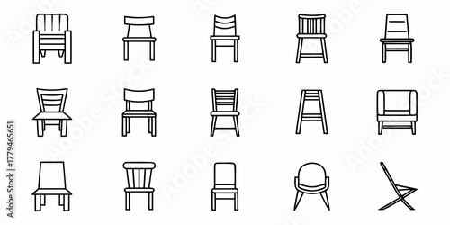 Collection of fifteen chair outline icons showing different styles and designs in simple black and white format
