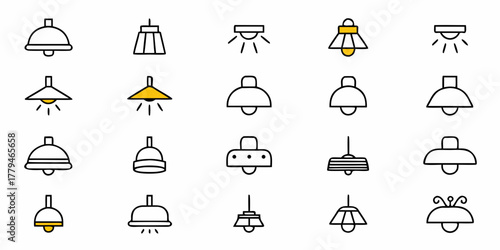 Collection of twenty different minimalist line art style light fixture icons with varying designs and shapes