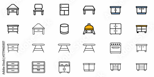 Illustration of various furniture items including tables, cabinets, chairs, and a barbecue grill icon