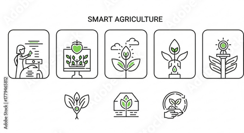 Smart agriculture icons set modern agricultural technology and innovation in farming precision farming, vertical farm, eco roof, smart analytics