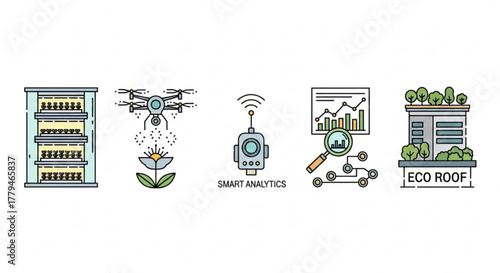 Modern agricultural technology and innovation in farming icons set precision farming, vertical farm, eco roof, smart analytics