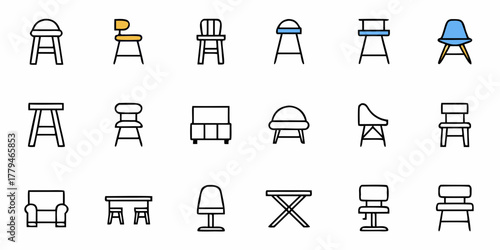 Illustration showing a collection of various chair and stool designs in a simple line art style image