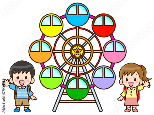 テーマパークの観覧車で遊ぶ子供のイラスト素材4
