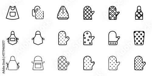 Collection of aprons and oven mitts in various styles and patterns displayed in a grid arrangement