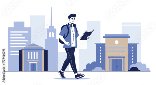 Student Exploring Urban Environment While Immersed in Academic Pursuits and Sonic Landscapes