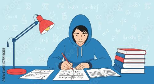Student Focused On Math homework Under The Light Of The Desk Lamp Illustration