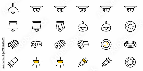 Collection of various types of lighting fixtures including lamps and spotlights arranged in rows and columns
