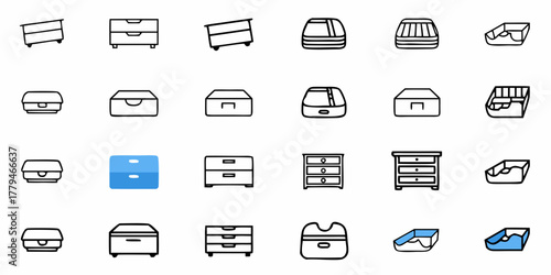 Depicts a collection of various box and drawer icons in a minimalist style arrangement layout design