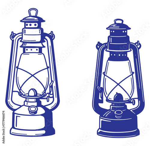 Blue silhouette illustration of two vintage kerosene lanterns displayed against a white background